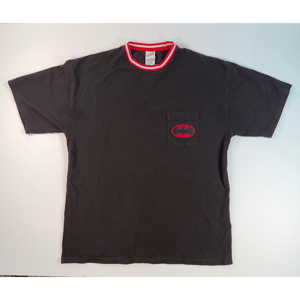 Vintage 1999 Warner Bros Batman Pocket T-Shirt Mens Large Black Ringer 90s DC